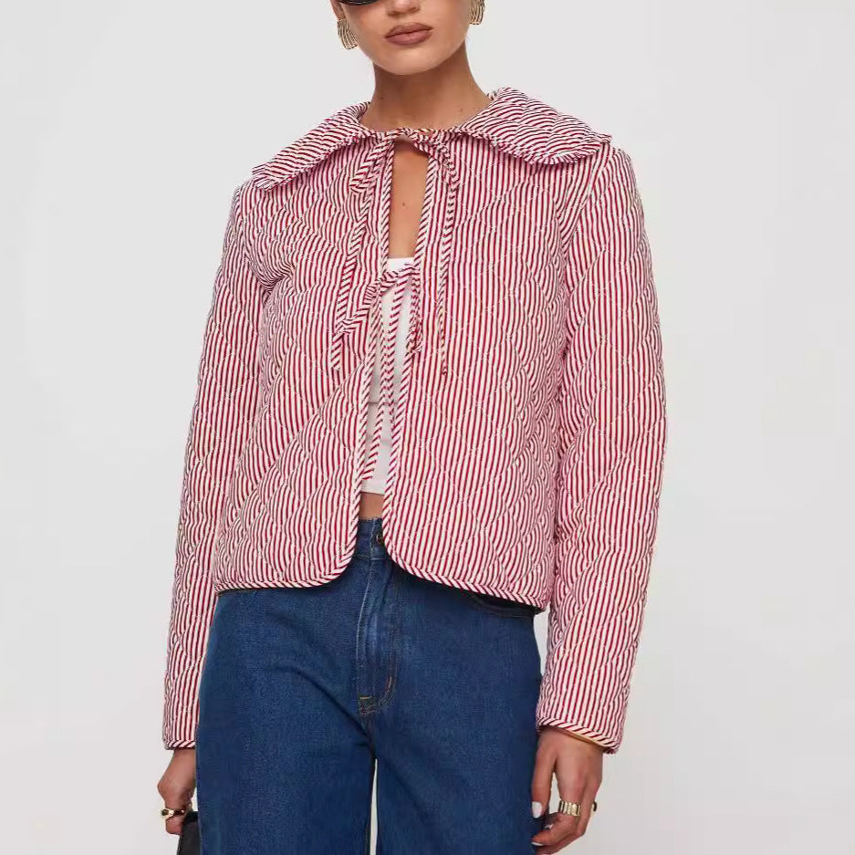 Quilted Stripe Oversized Collar Cropped Jacket
