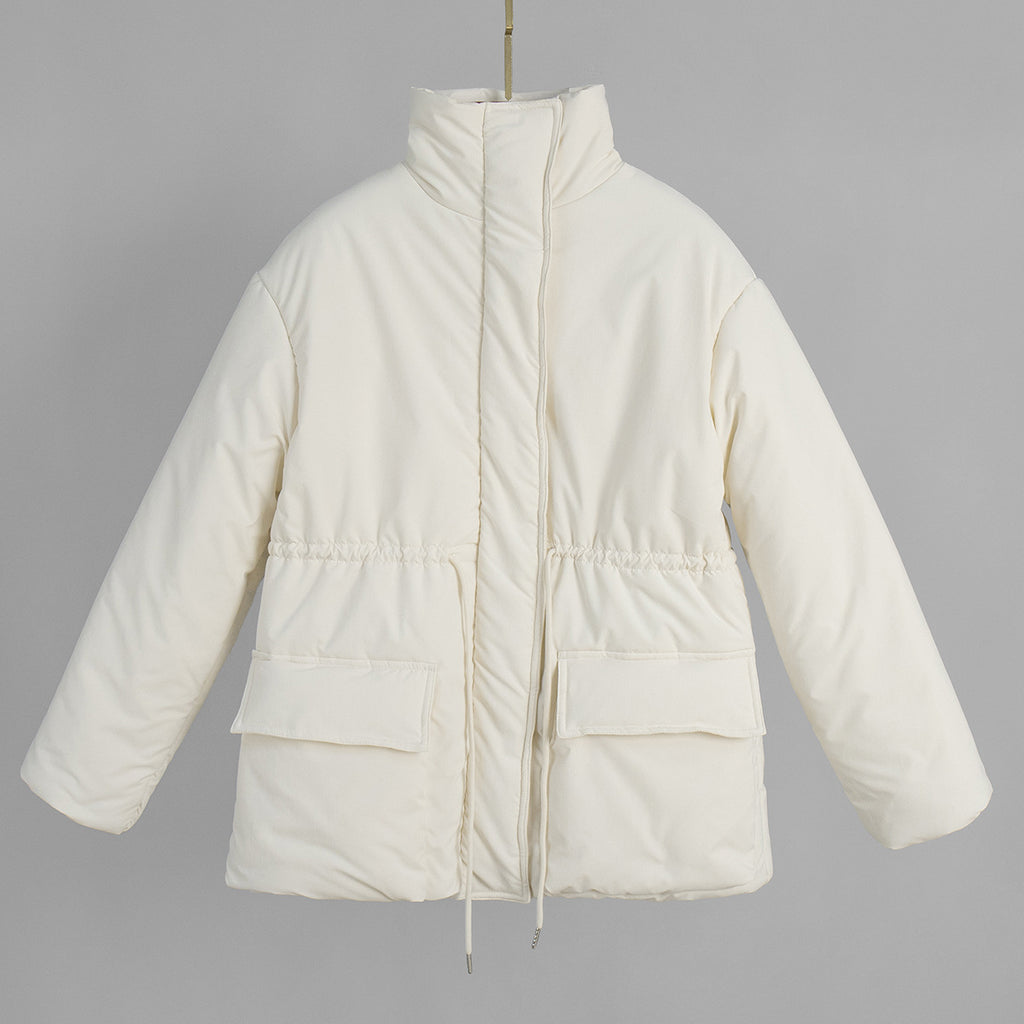 Stand Collar Drawstring Waist Puffer Jacket - White