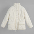 Stand Collar Drawstring Waist Puffer Jacket - White