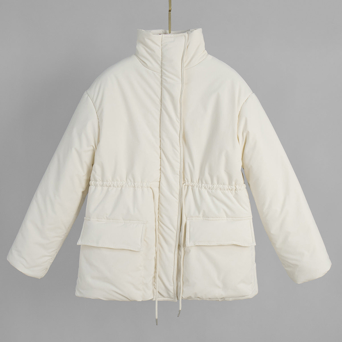 Stand Collar Drawstring Waist Puffer Jacket - White