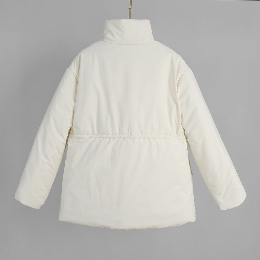 Stand Collar Drawstring Waist Puffer Jacket - White - 1