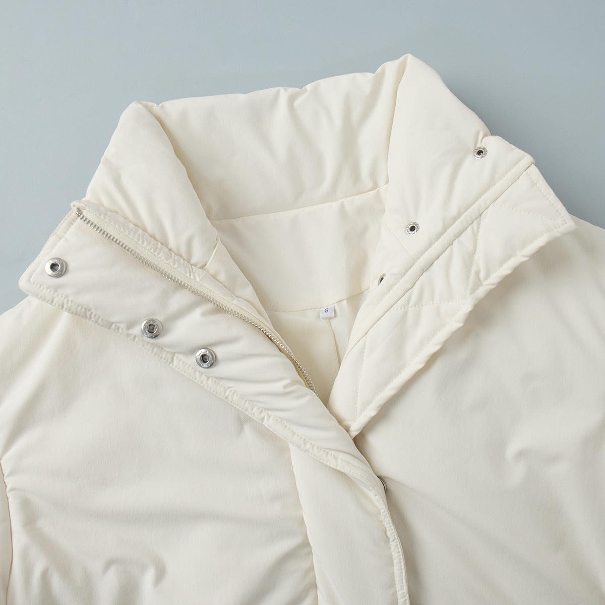 Stand Collar Drawstring Waist Puffer Jacket - White - 2