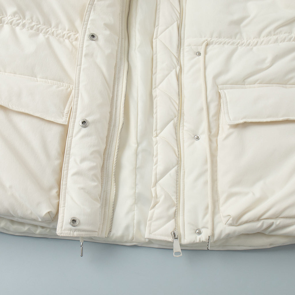 Stand Collar Drawstring Waist Puffer Jacket - White - 3
