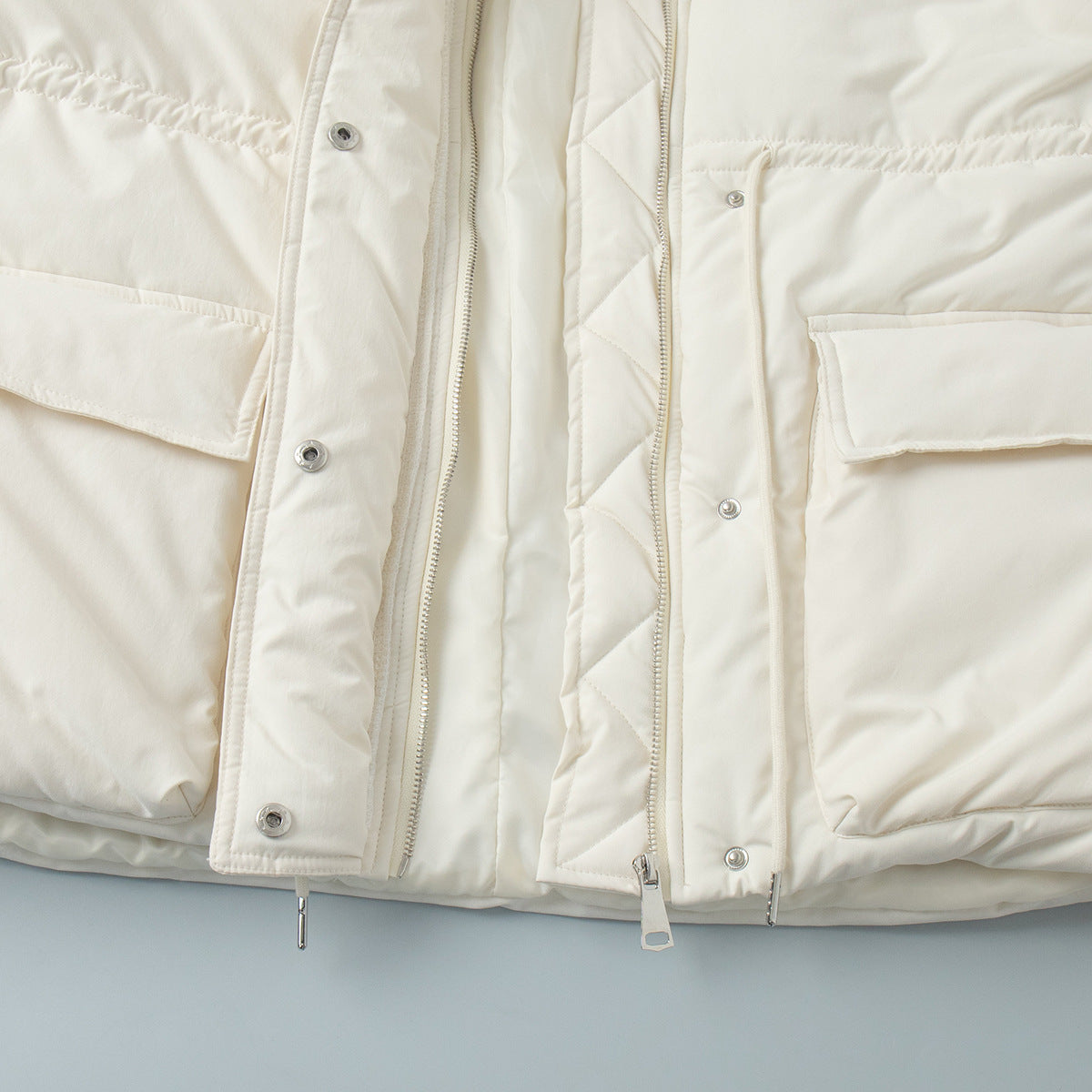 Stand Collar Drawstring Waist Puffer Jacket - White - 3