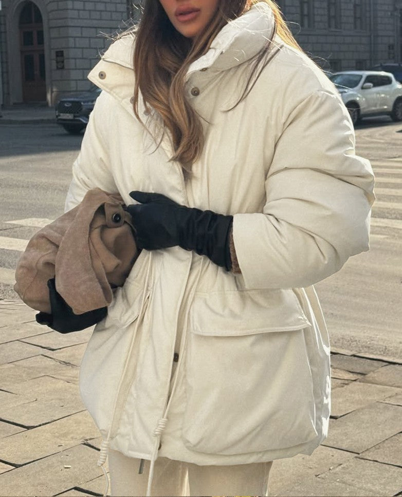 Stand Collar Drawstring Waist Puffer Jacket - White - 5
