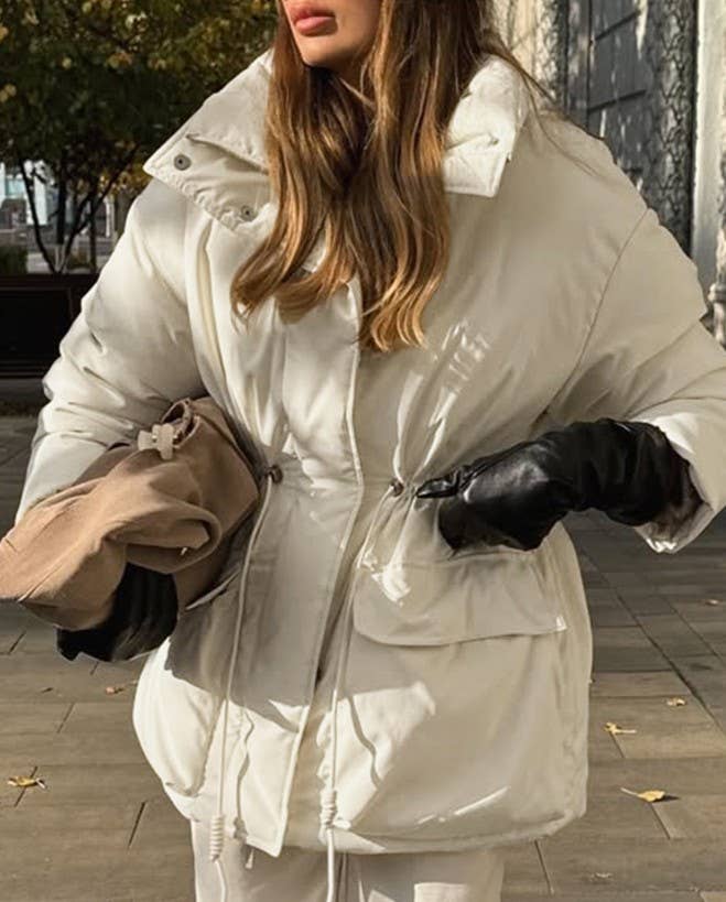 Stand Collar Drawstring Waist Puffer Jacket