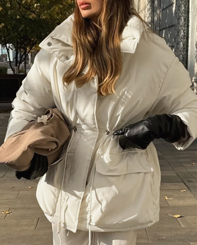 Stand Collar Drawstring Waist Puffer Jacket - view 1