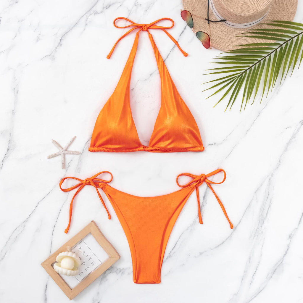 Crossover Halter Tie Side Bikini Set - Orange - 3
