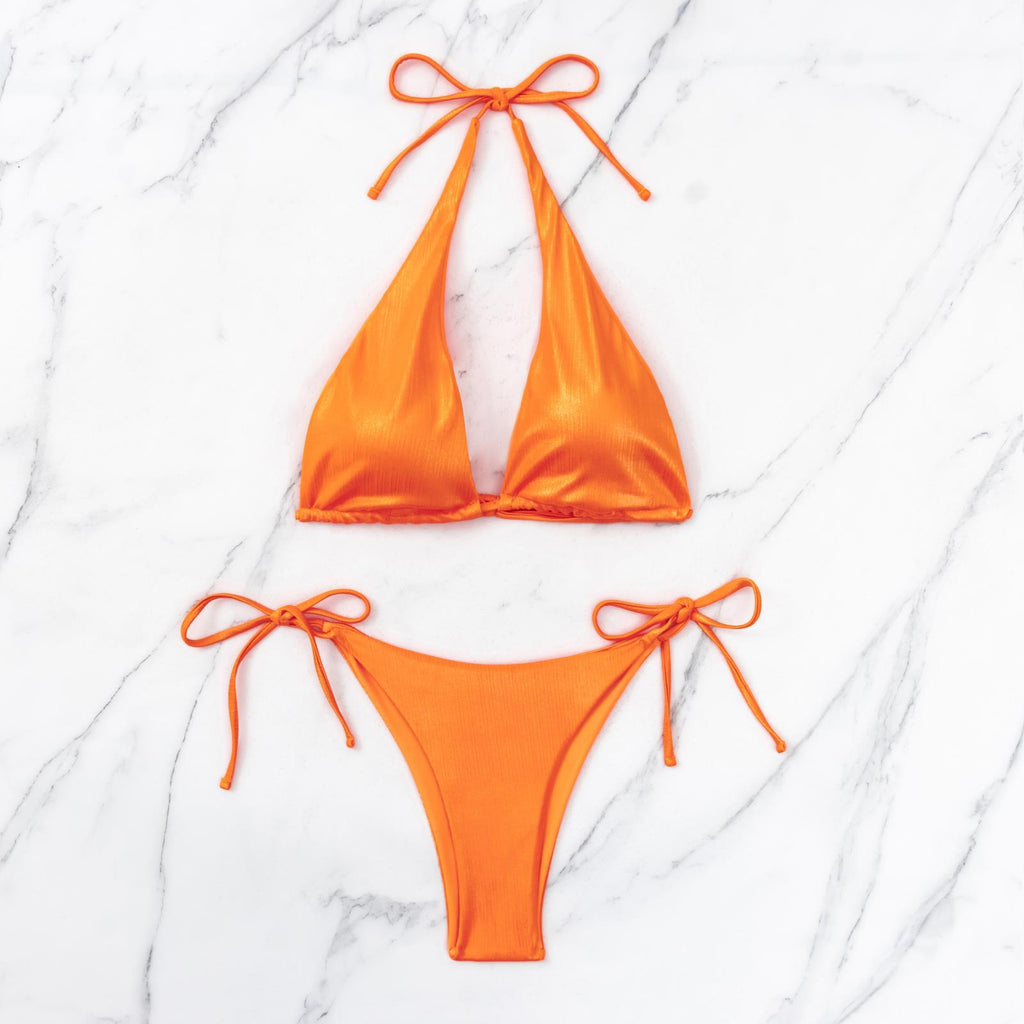 Crossover Halter Tie Side Bikini Set - Orange - 5