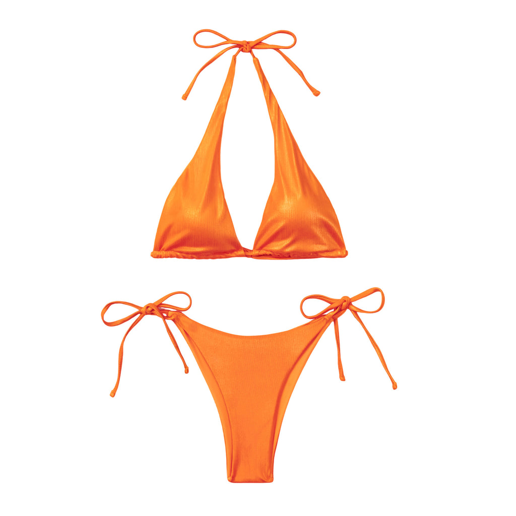 Crossover Halter Tie Side Bikini Set - Orange - 6