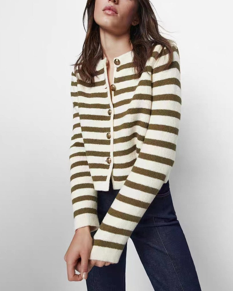 Nautical Stripe Rib Knit Cardigan - Olive