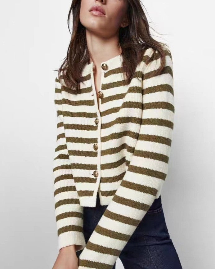 Nautical Stripe Rib Knit Cardigan - Olive - 1