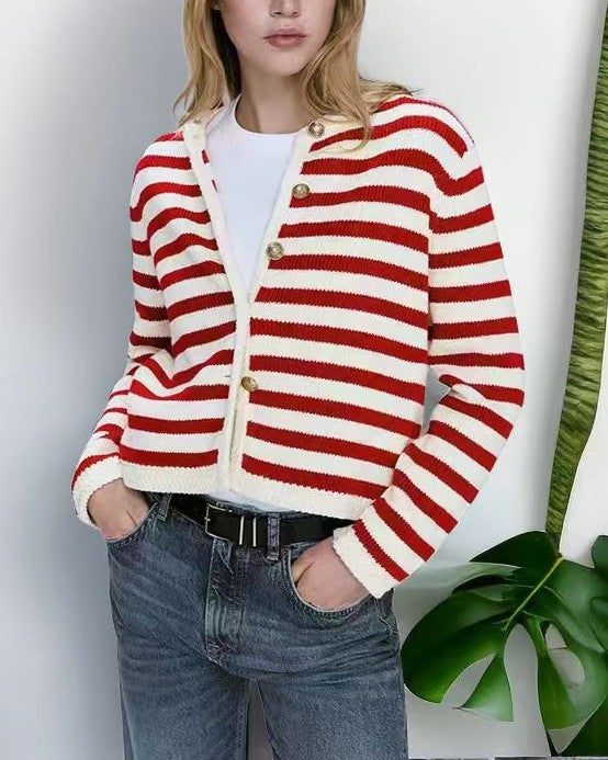 Nautical Stripe Rib Knit Cardigan - Red