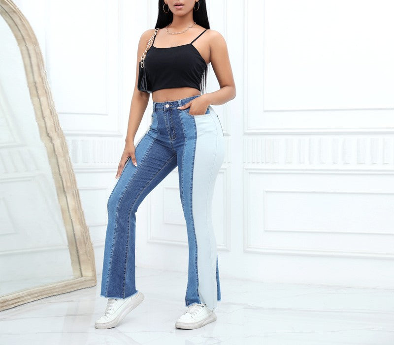 Contrast Panel High Waist Flare Jeans