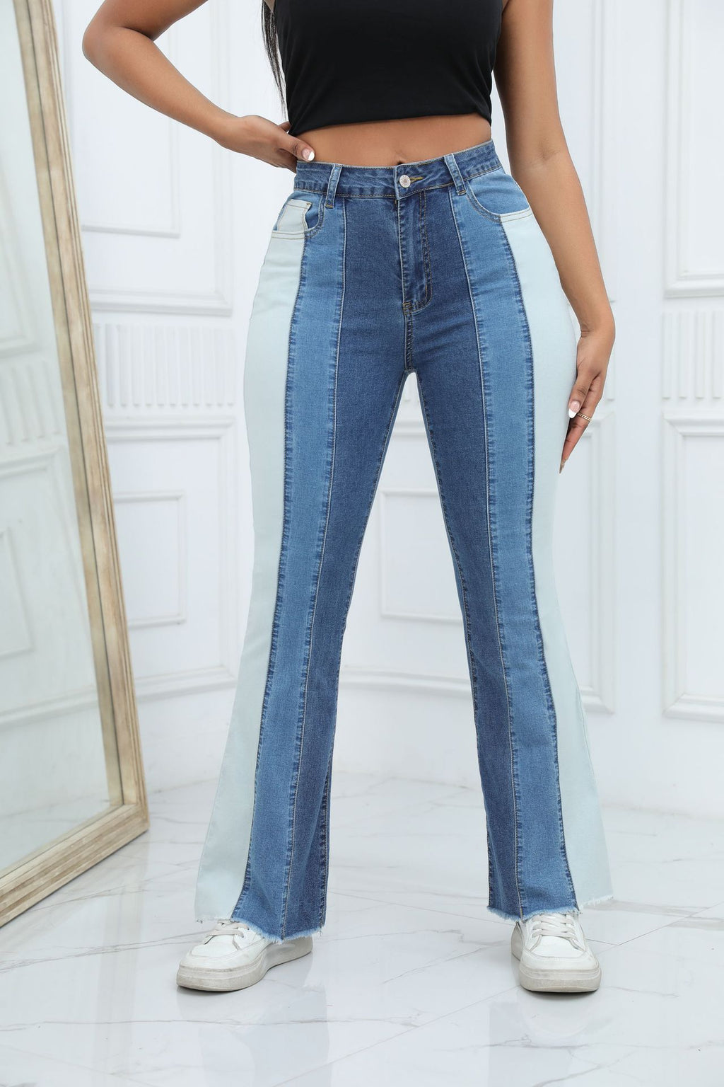 Contrast Panel High Waist Flare Jeans - view 1