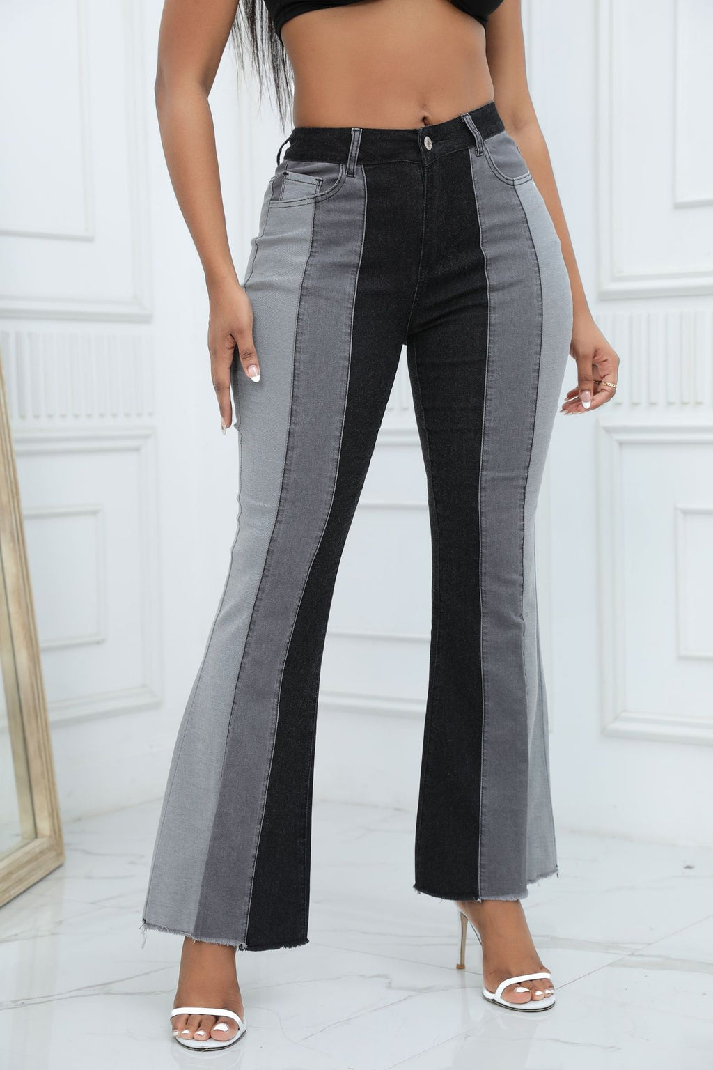 Contrast Panel High Waist Flare Jeans - view 2