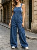 Wide Leg Denim Overalls with Tiered Panel Legs - Blue