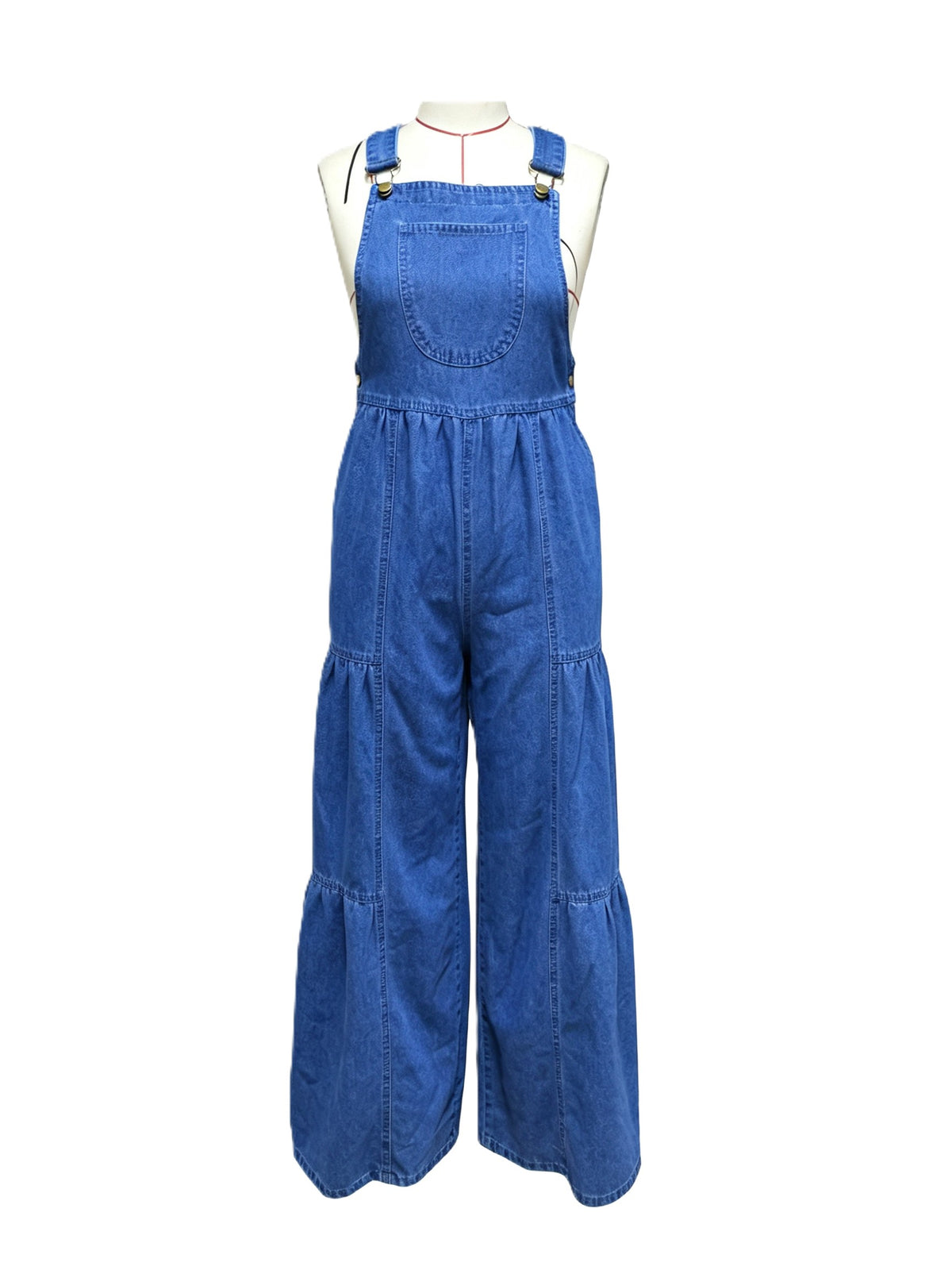 Wide Leg Denim Overalls with Tiered Panel Legs - Blue - 1