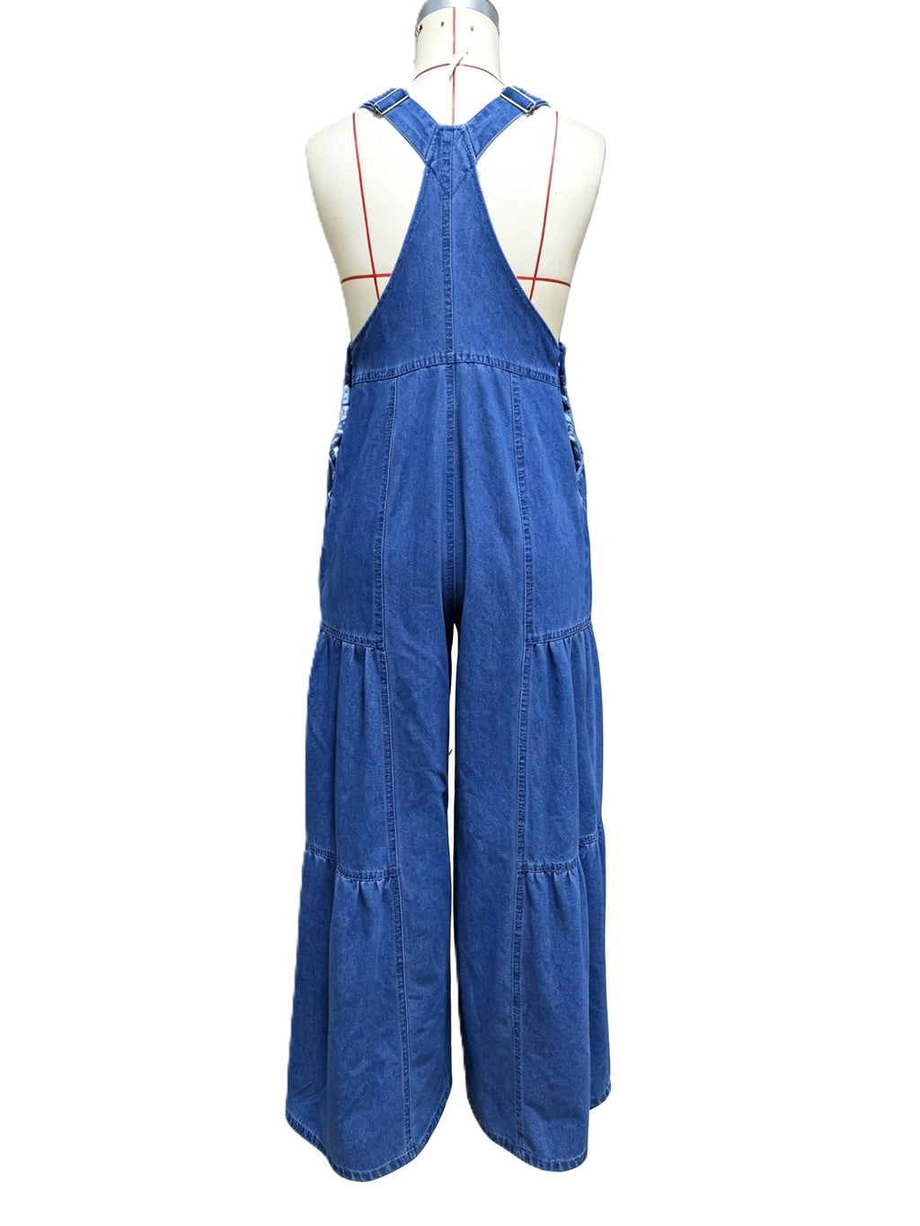 Wide Leg Denim Overalls with Tiered Panel Legs - Blue - 2