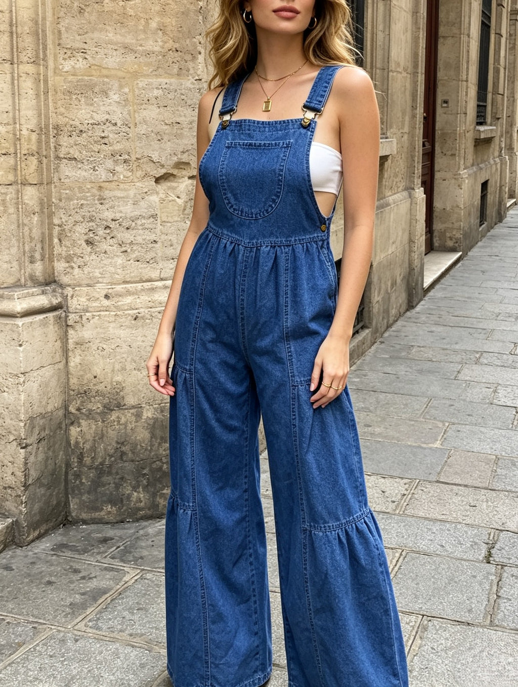 Wide Leg Denim Overalls with Tiered Panel Legs - Blue - 3