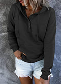 Half Button Hoodie With Kangaroo Pocket - Black