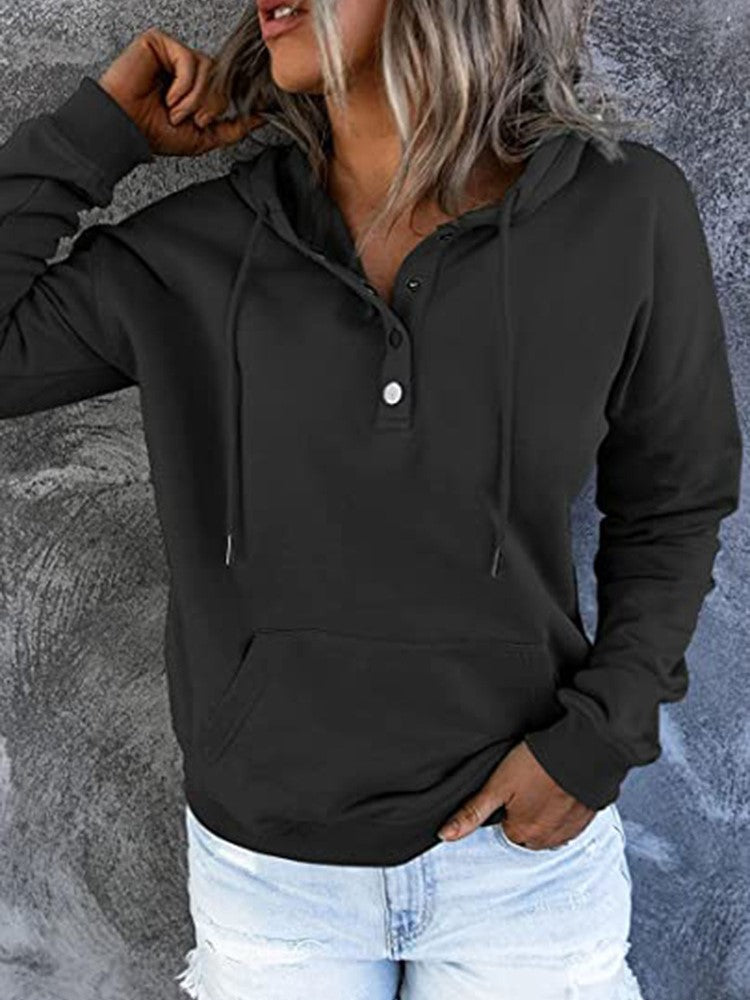 Half Button Hoodie With Kangaroo Pocket - Black - 1