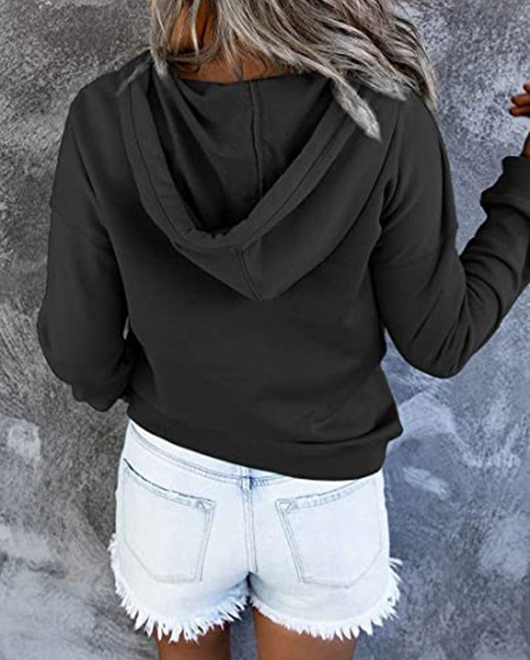 Half Button Hoodie With Kangaroo Pocket - Black - 2