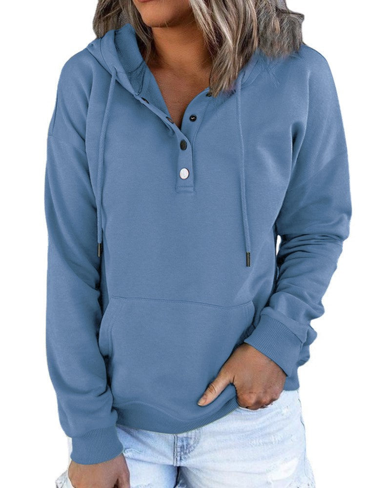 Half Button Hoodie With Kangaroo Pocket - Blue