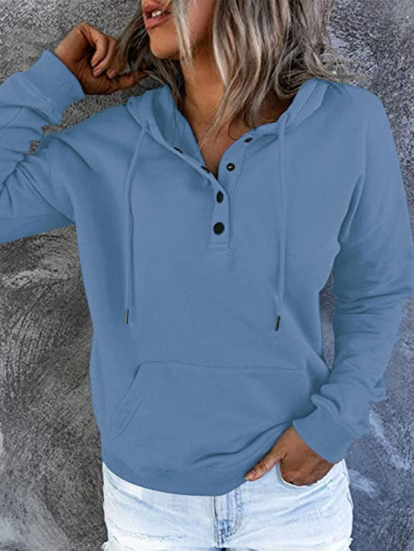 Half Button Hoodie With Kangaroo Pocket - Blue - 1