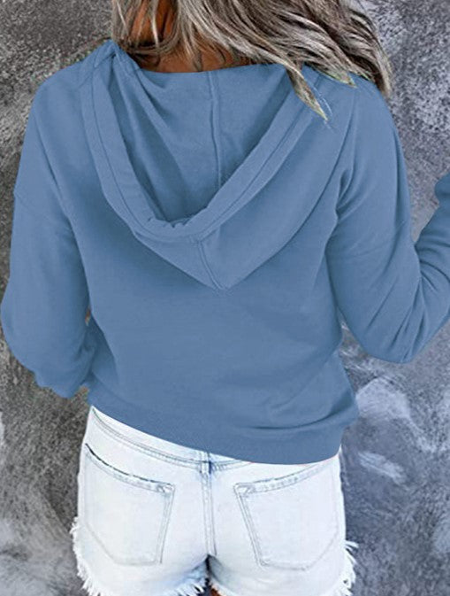 Half Button Hoodie With Kangaroo Pocket - Blue - 2
