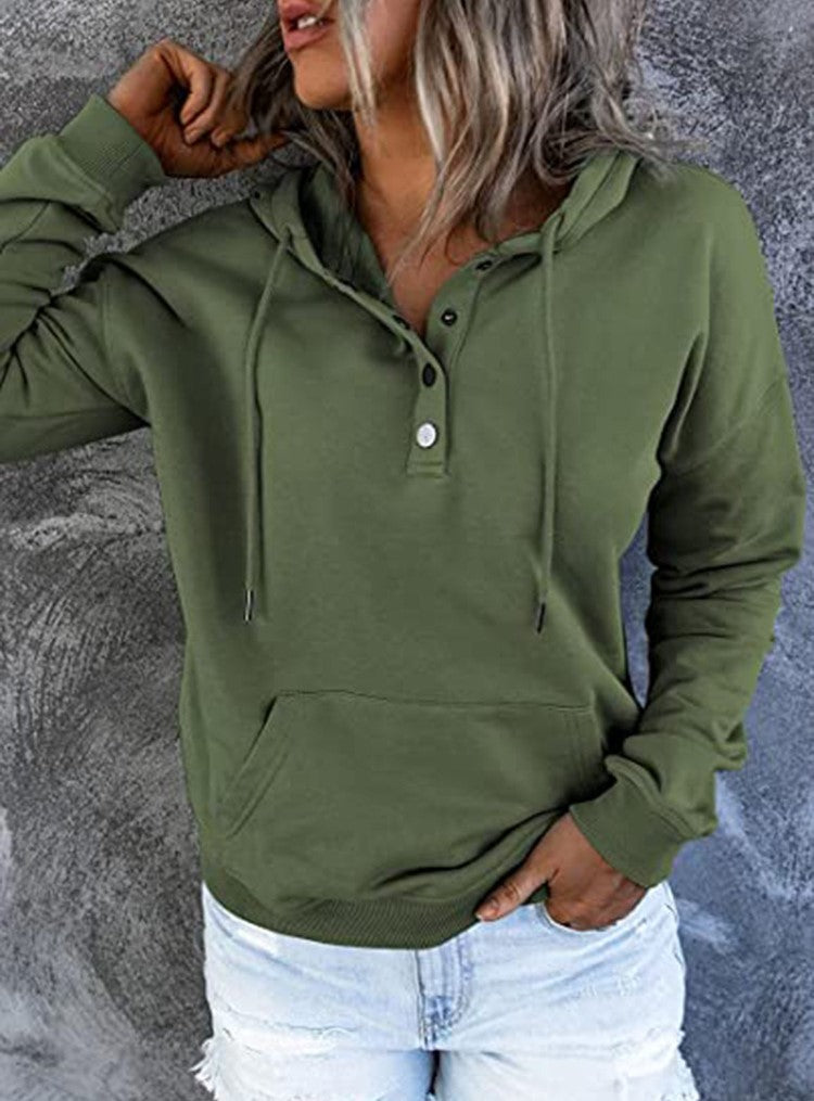 Half Button Hoodie With Kangaroo Pocket - DarkGreen