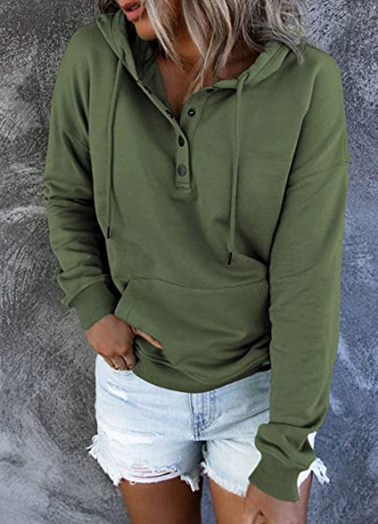 Half Button Hoodie With Kangaroo Pocket - DarkGreen - 1