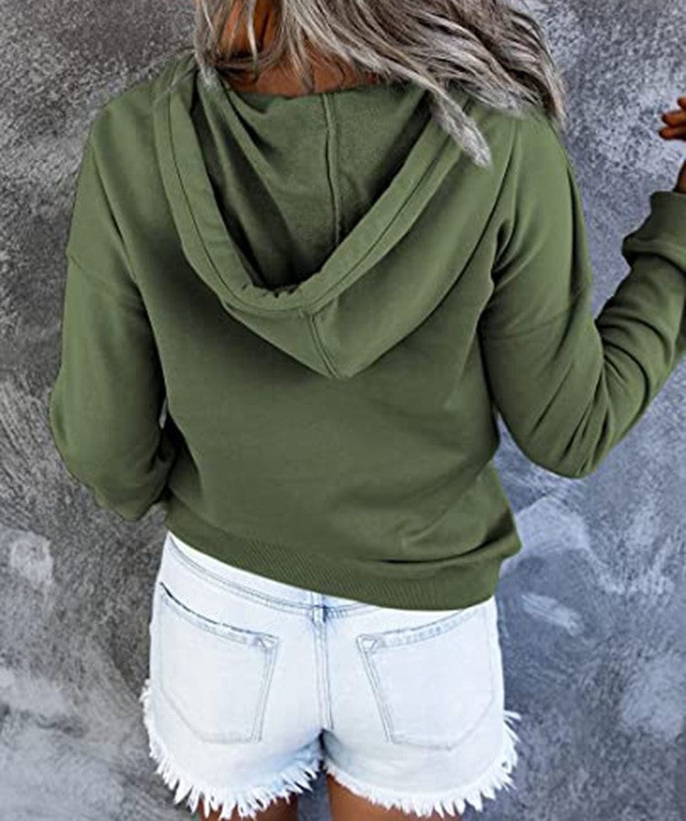 Half Button Hoodie With Kangaroo Pocket - DarkGreen - 2