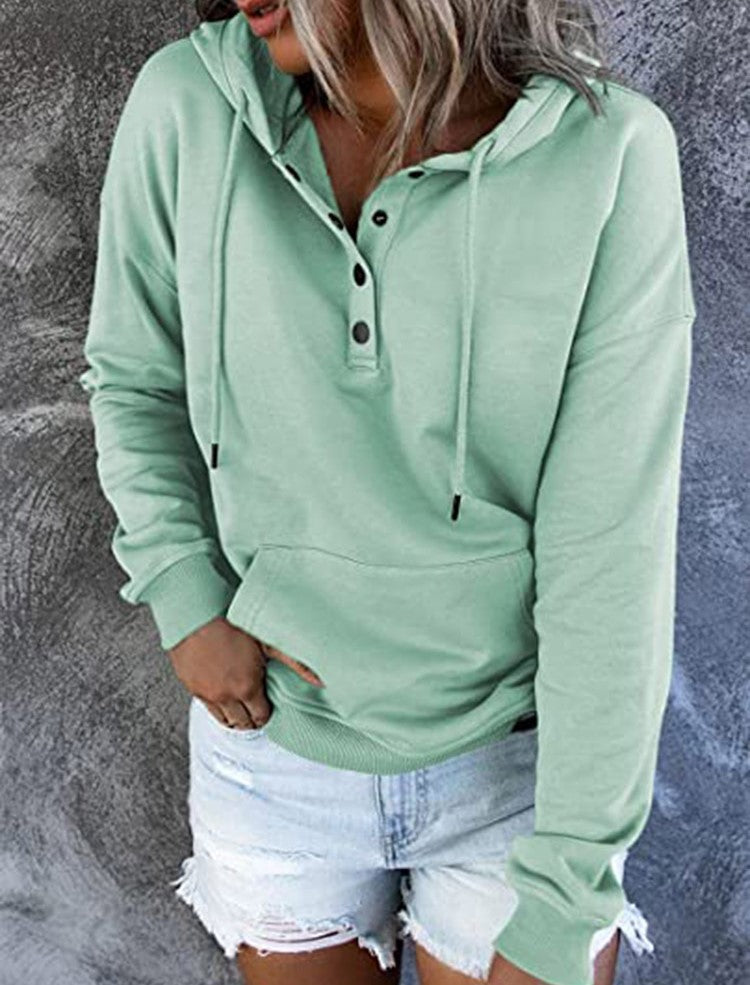 Half Button Hoodie With Kangaroo Pocket - Green