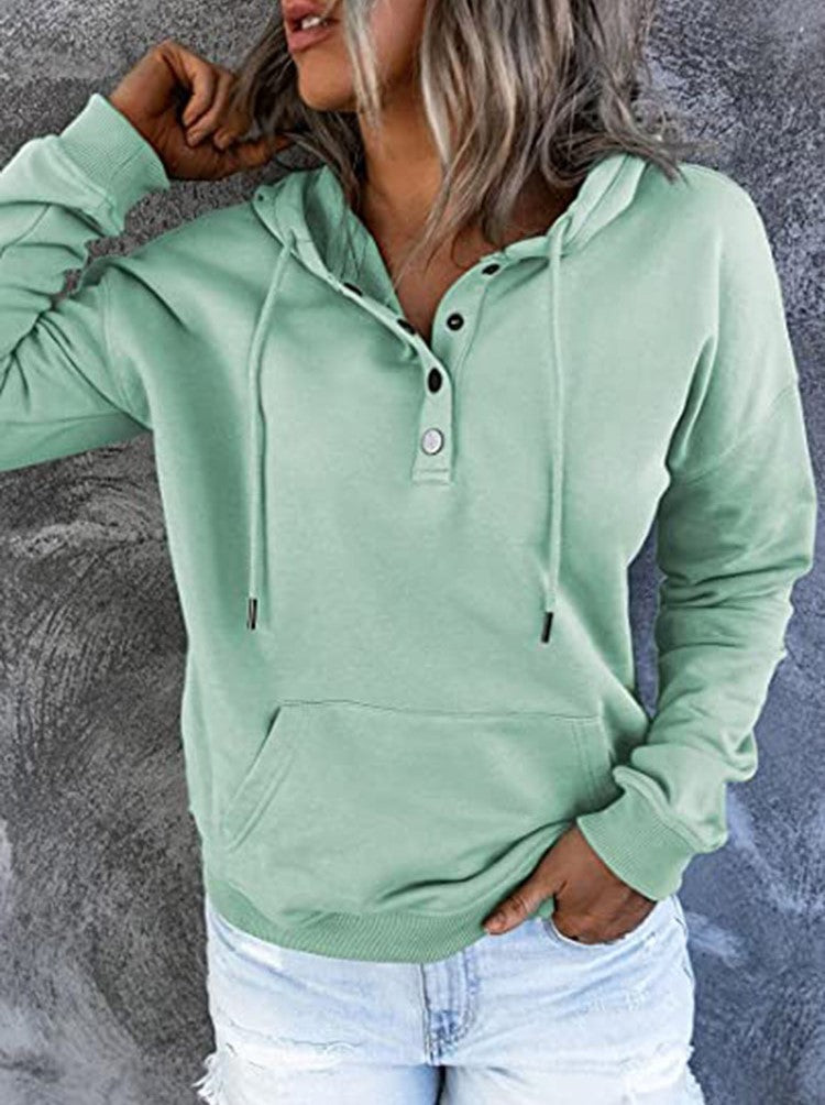 Half Button Hoodie With Kangaroo Pocket - Green - 1