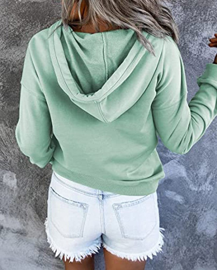 Half Button Hoodie With Kangaroo Pocket - Green - 2