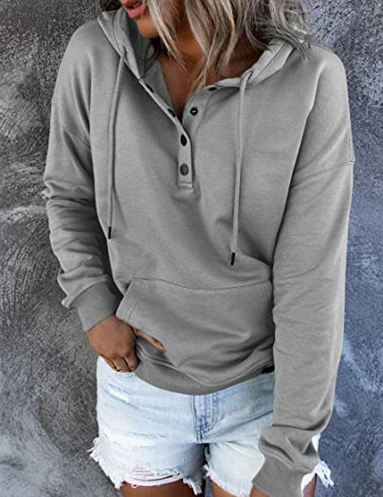 Half Button Hoodie With Kangaroo Pocket - Grey