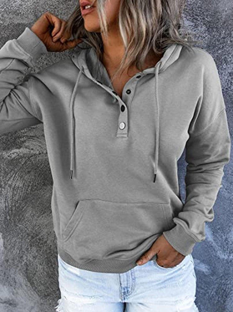 Half Button Hoodie With Kangaroo Pocket - Grey - 1