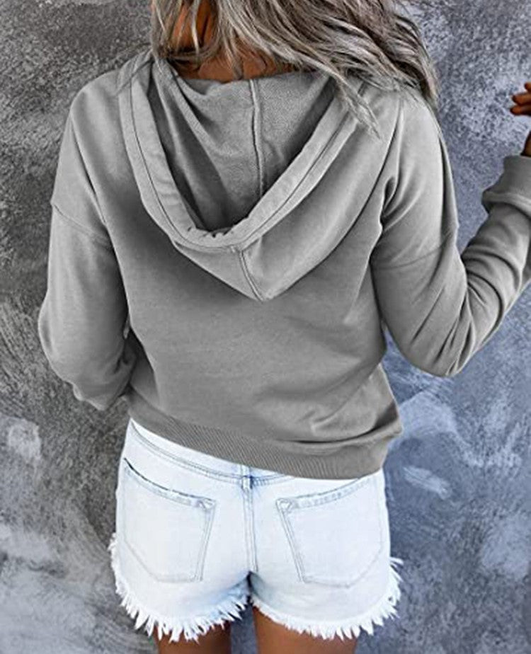 Half Button Hoodie With Kangaroo Pocket - Grey - 2