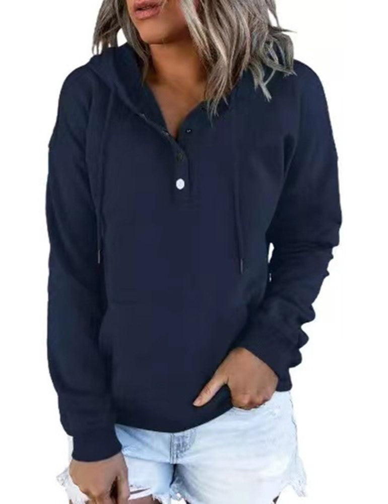 Half Button Hoodie With Kangaroo Pocket - NavyBlue