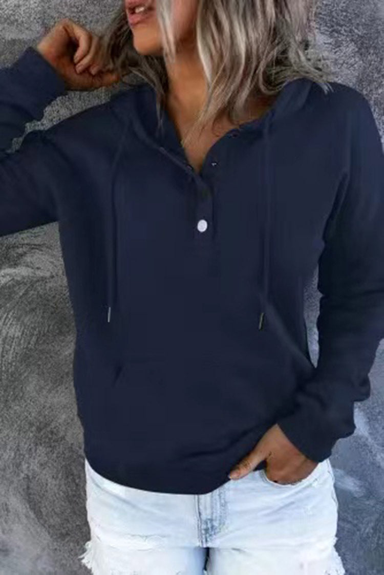 Half Button Hoodie With Kangaroo Pocket - NavyBlue - 1