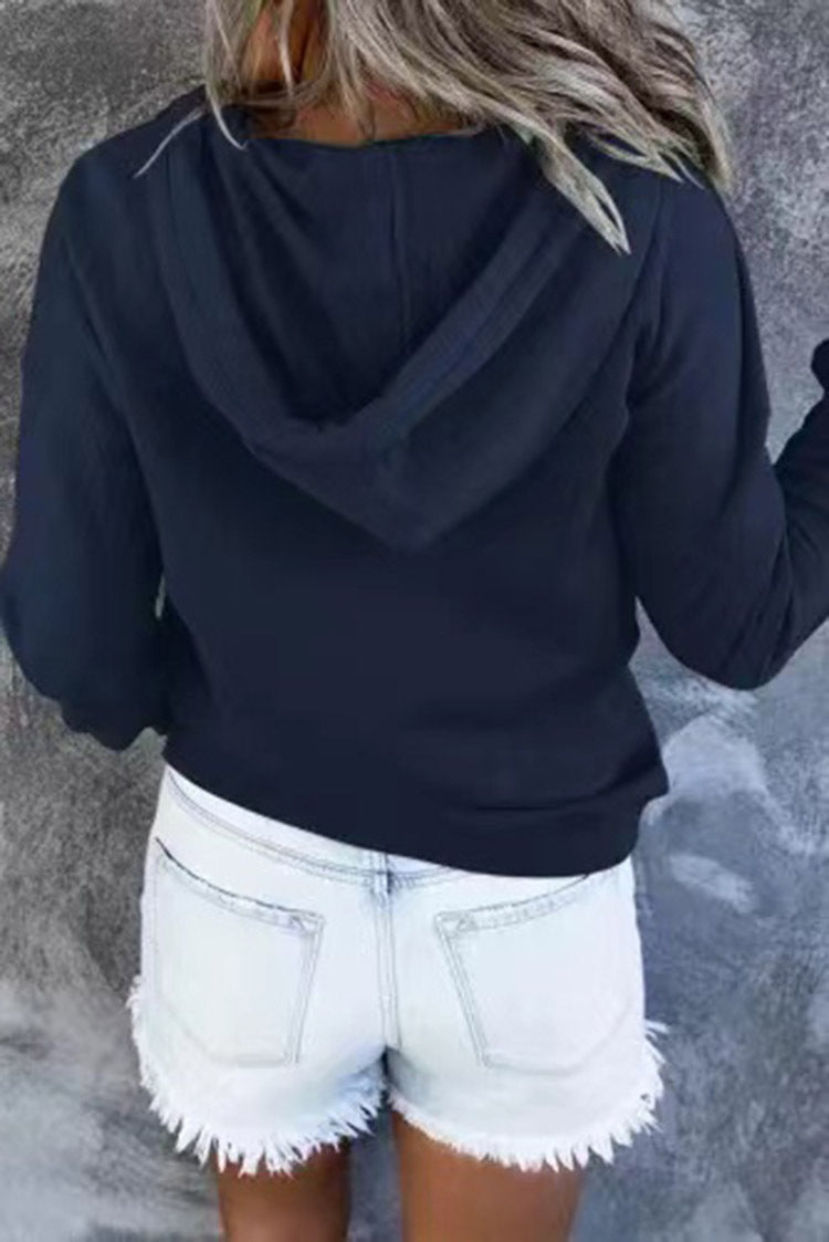 Half Button Hoodie With Kangaroo Pocket - NavyBlue - 2