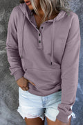 Half Button Hoodie With Kangaroo Pocket - Purple