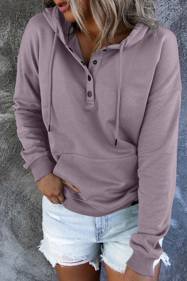 Half Button Hoodie With Kangaroo Pocket - Purple