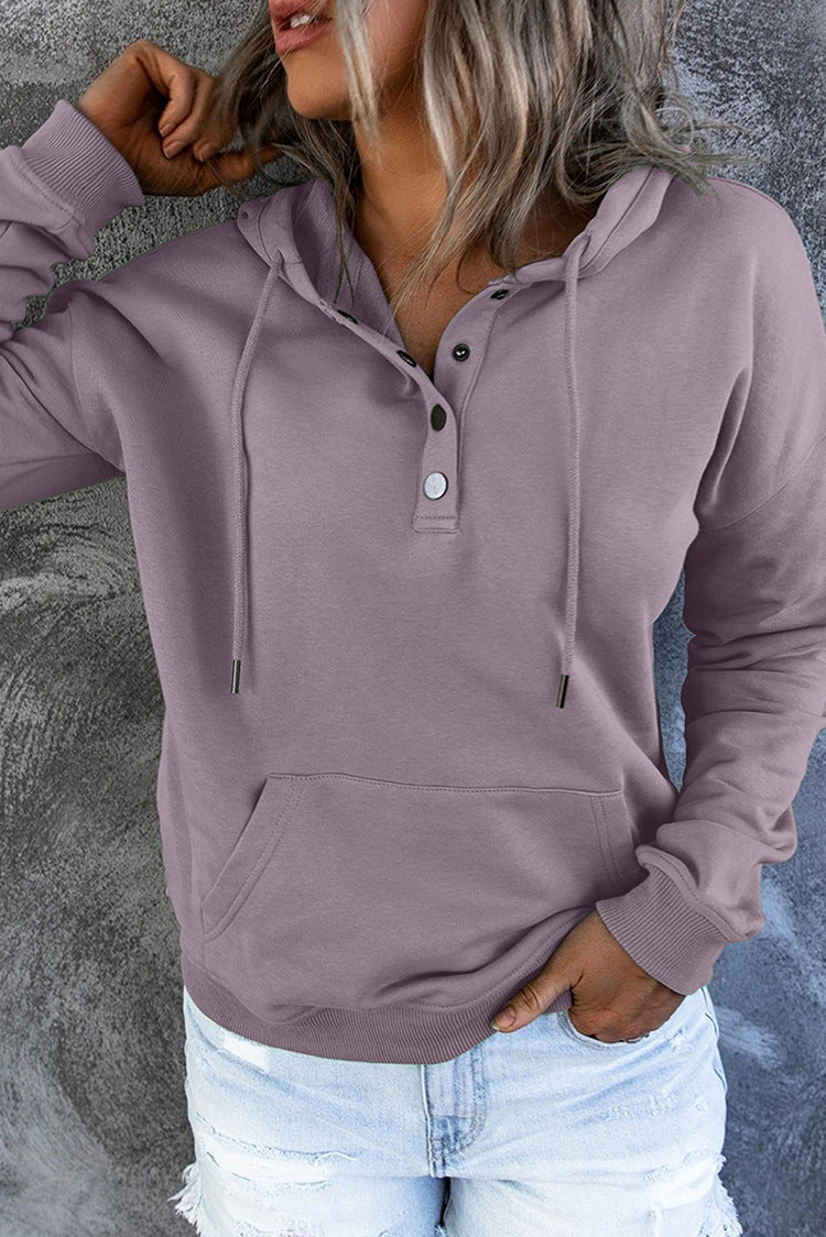 Half Button Hoodie With Kangaroo Pocket - Purple - 1