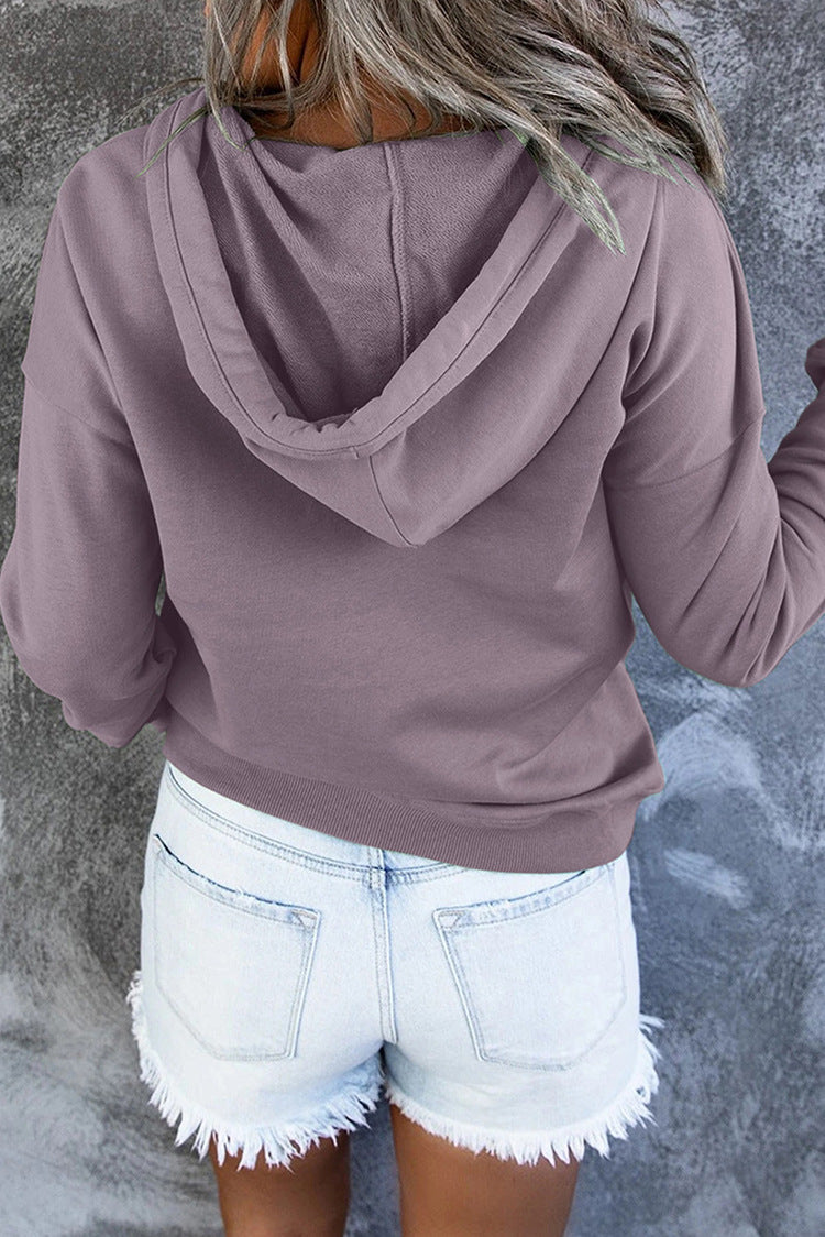Half Button Hoodie With Kangaroo Pocket - Purple - 2