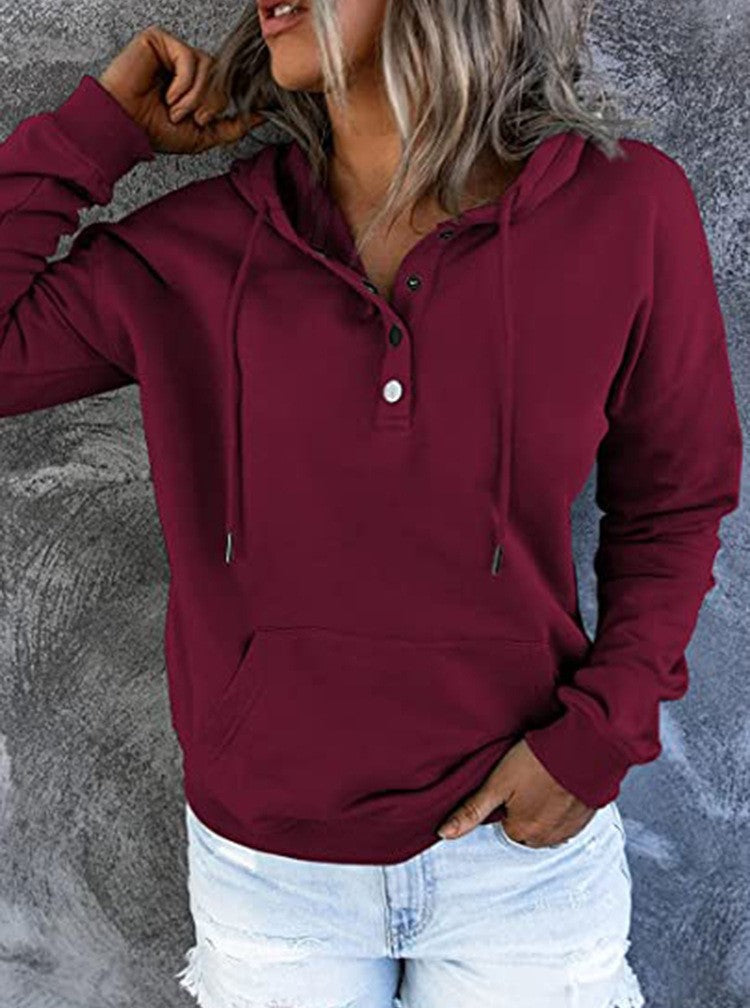 Half Button Hoodie With Kangaroo Pocket - WineRed