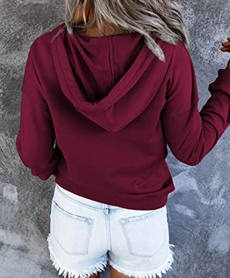 Half Button Hoodie With Kangaroo Pocket - WineRed - 1