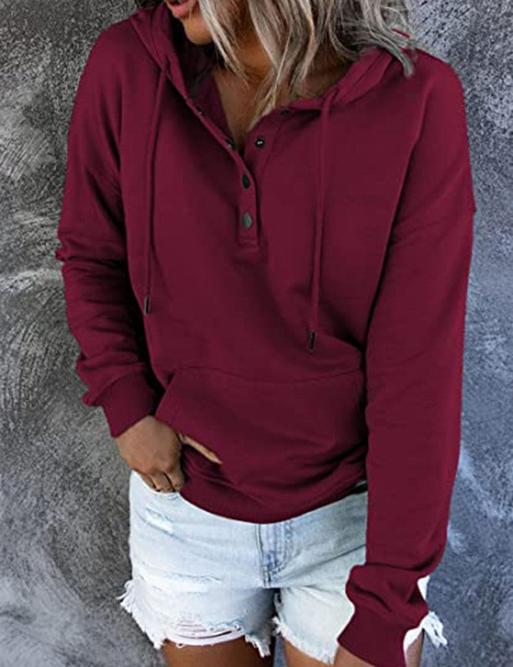 Half Button Hoodie With Kangaroo Pocket - WineRed - 2