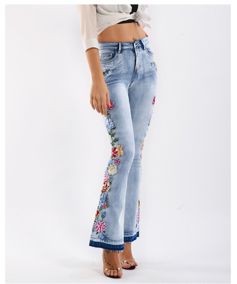 Rose Embroidered Contrast Hem Flare Jeans - blue